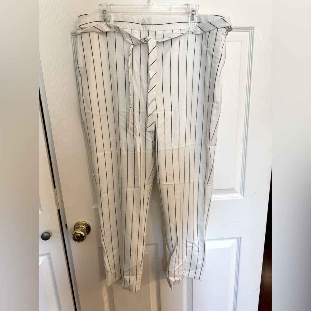 DKNY Belted Striped White Pants